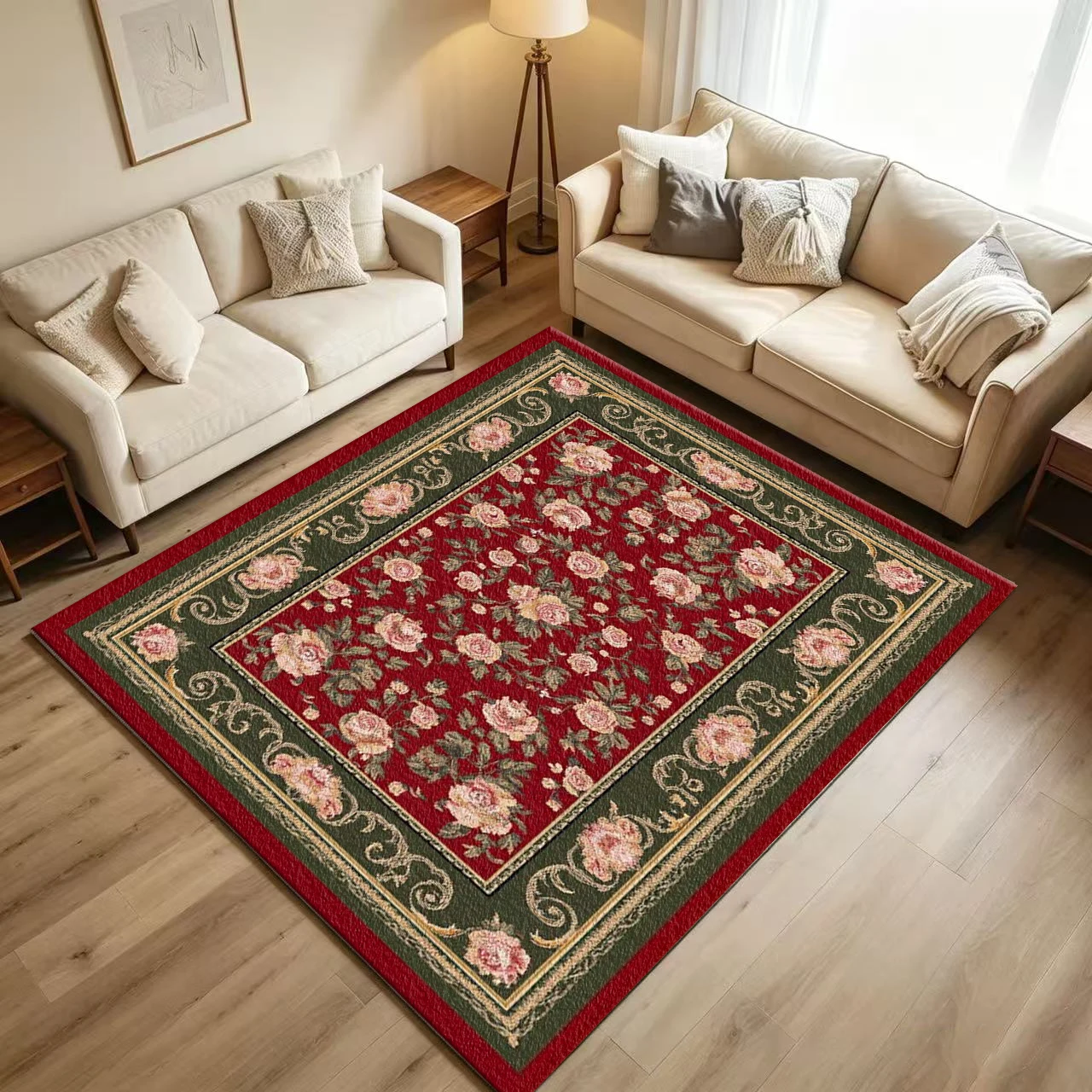 Vintage European Rose Carpet Flooring Retro Red Background Pink Flower Green Gold Border Printed Floor Rug for Household Indoor Living Room Home Classic Ornament