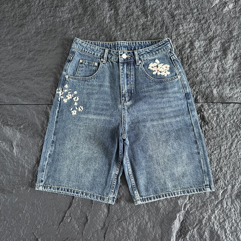 New Arrival DERSCHUTZE Streetwear Knee Length Bottoms Men Traditional Koi Plum Embroidery Front & Back Pocket Light Blue Shorts