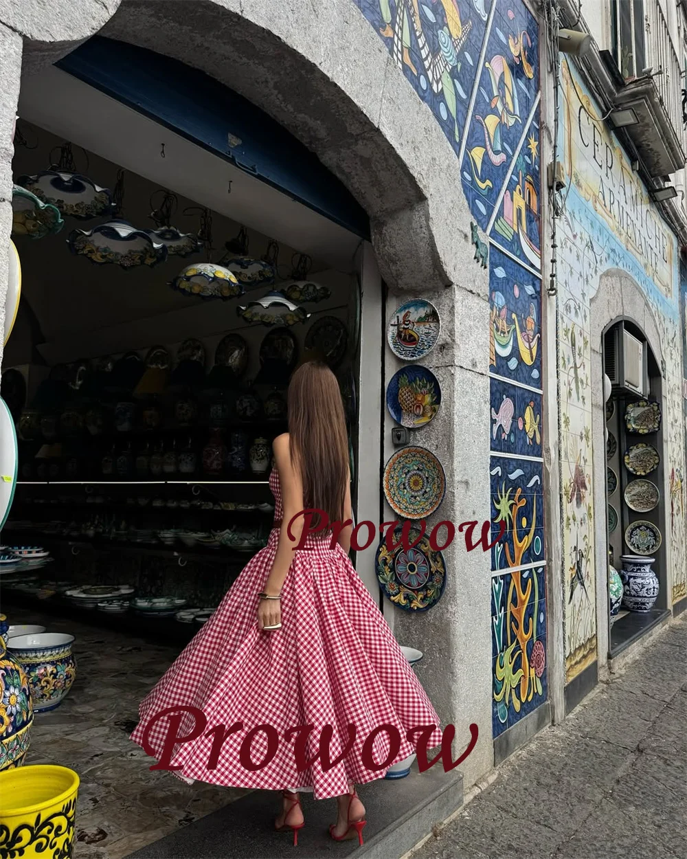 Prowow Elegant Contrast Color Strapless Prom Dresses Mid-calf Length A Line Wedding Party Gowns 2025 Women Customized Zip Back