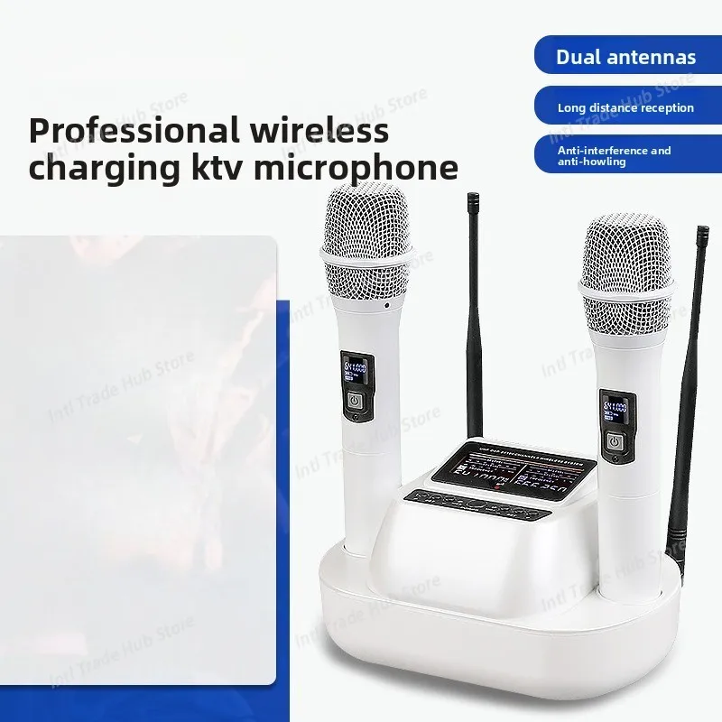 Wireless Charging KTV Microphone, One-to-two Microphones, Live Streaming Dedicated KTV Conference Microphone Head Speaker
