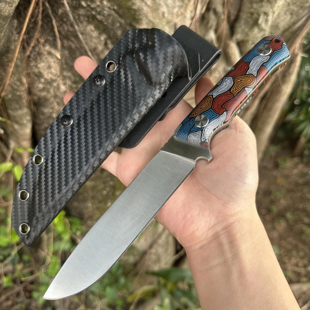 

High end outdoor straight knife Sandvik blade Damascus G10 handle integrated keel carbon fiber K sheath