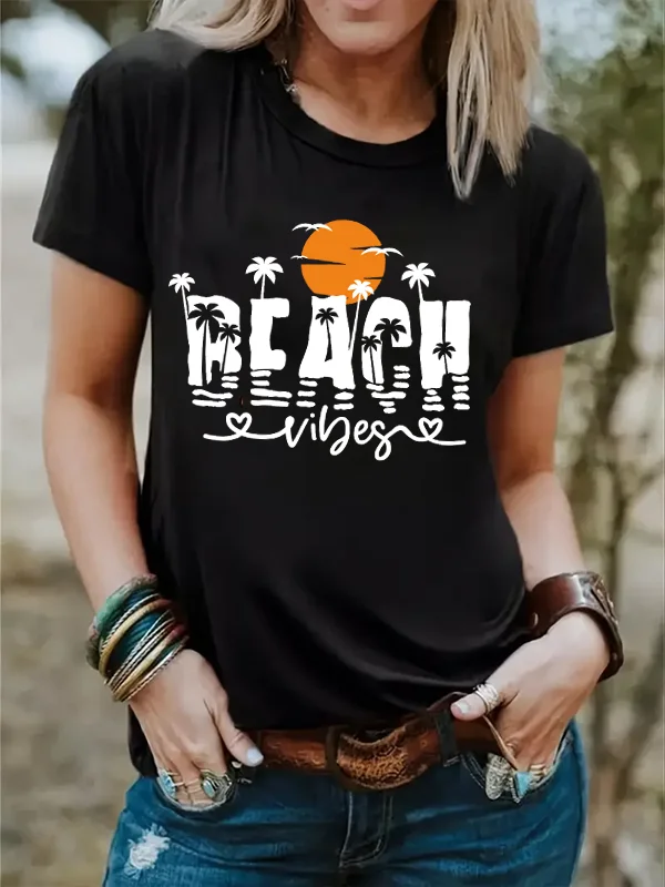 Beach Viges Slogan Women T-shirt New Stylish Casual Party Female Shirt Vintage Sea Wave The Setting Sun Coconut Palm Print Tee