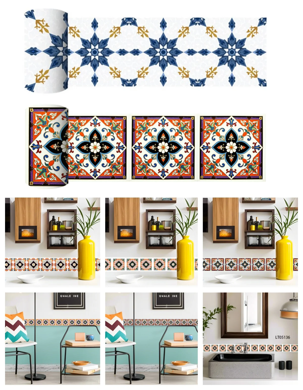 

Moroccan Blue Gold Tile Border Sticker Waterproof Removable Peel and Stick Decal for Kitchen Bathroom Wall Backsplash Decor