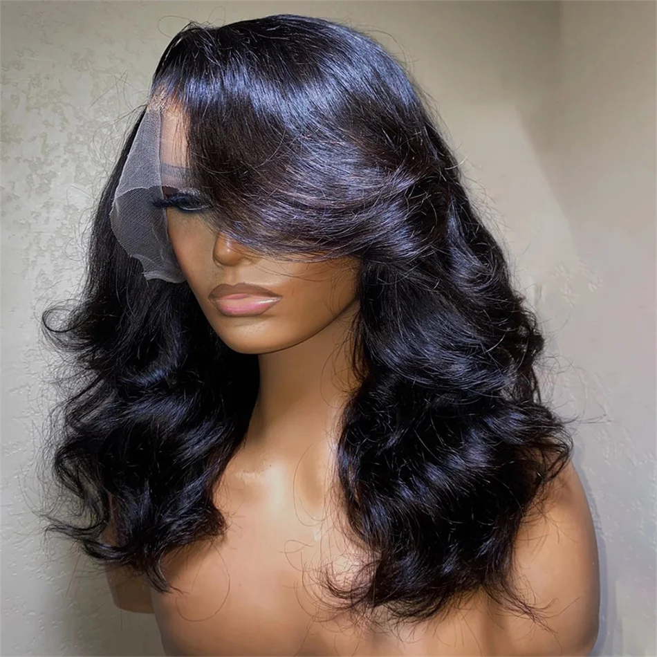 Body Wave Natural Black Bob Peruvian Human Hair Side Part Lace Front Middle Part Wig Pre Plucked Wig For Black Women 180 Density