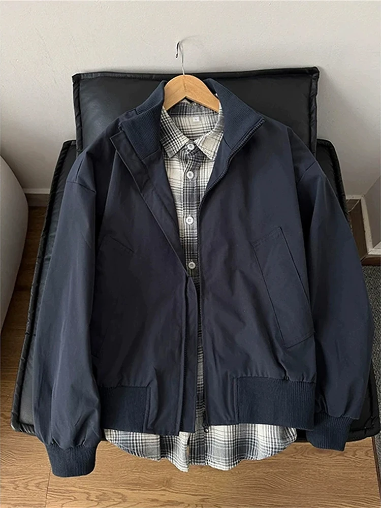 

Stand Fit Pilot Jaet ort Bomber Baseball Sle Stand Collar Workwear irt Men's Faion Blue een Autumn Spring