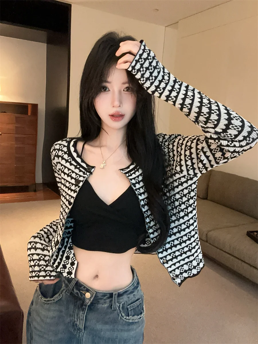 

Облегающий полосатый вязаный свитер, круглый открытый кардиган, пальто, женское пальто, корейская версия, осень 2024, модный тренд