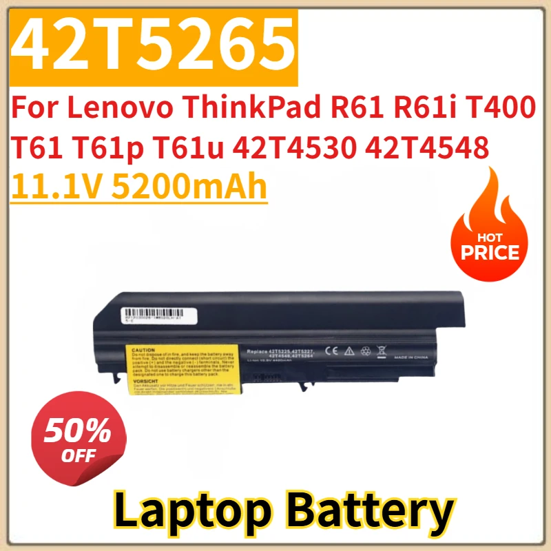 

Brand New Replacement Laptop battery 11.1V 5200mAh 42T5265 For Lenovo ThinkPad R61 R61i T400 T61 T61p T61u 42T4530 42T4548