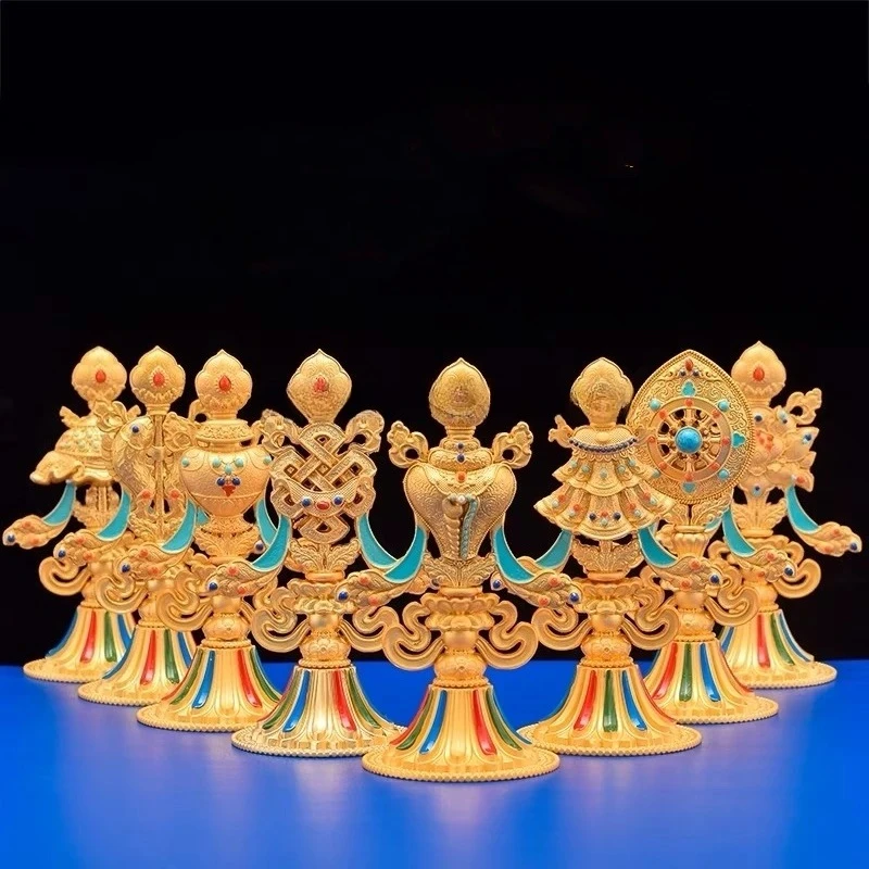8 pieces/1 set of alloy Tibetan carved Eight Treasures auspicious esoteric Buddhist handicrafts Buddhist home desktop ornaments