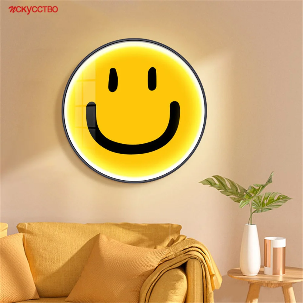 Nordic Cartoon Smiling Face Mural Fresco Led Wall Lamp With Plug Wire For House Living Room Corridor Bedroom Kids Sconce Lights