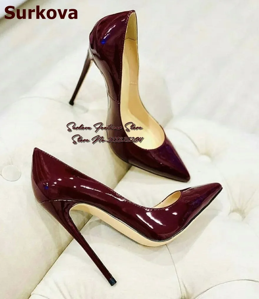 Surkova Sexy Burgundy Mirror Leather Shoes Thin High Heel Wine Red Pointy Toe Pumps Shallow Cut Wedding Shoes Drophip Size45