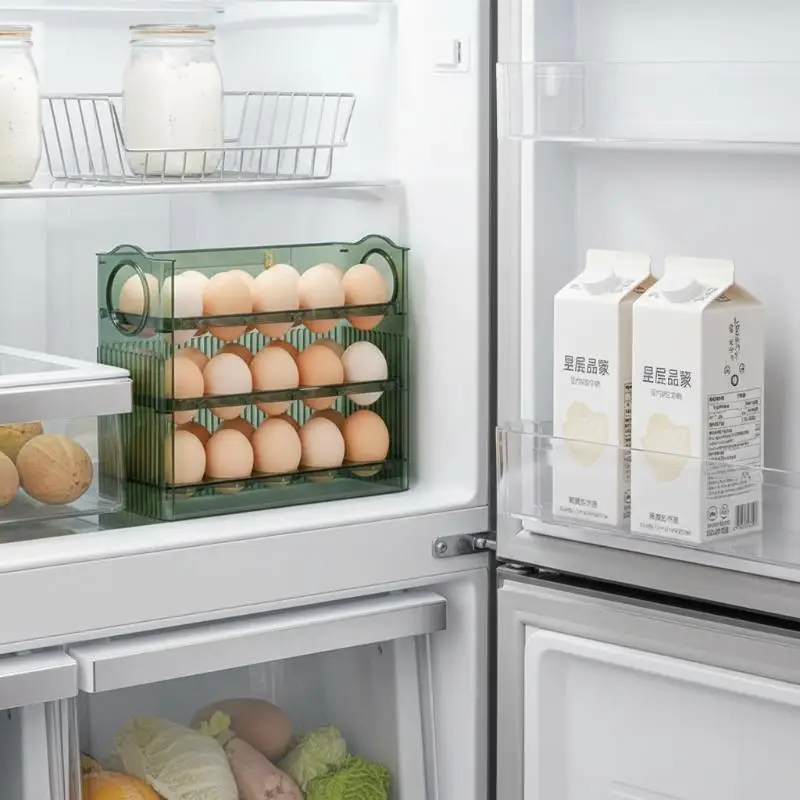 Automatic Flip Egg Storage Organizer 30 Grid 3 Layer Egg Container Tray for Refrigerator Kitchen Food Storage