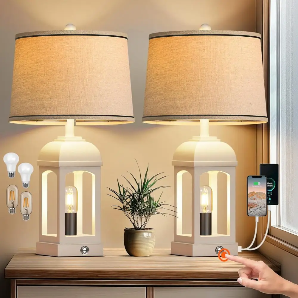 

Table Lamp for Living Room,Lamps Set of 2 with USB A+C and Nightlight, 26" Rustic Bedside Lamps with 3-Way Dimmable,Touch ,White