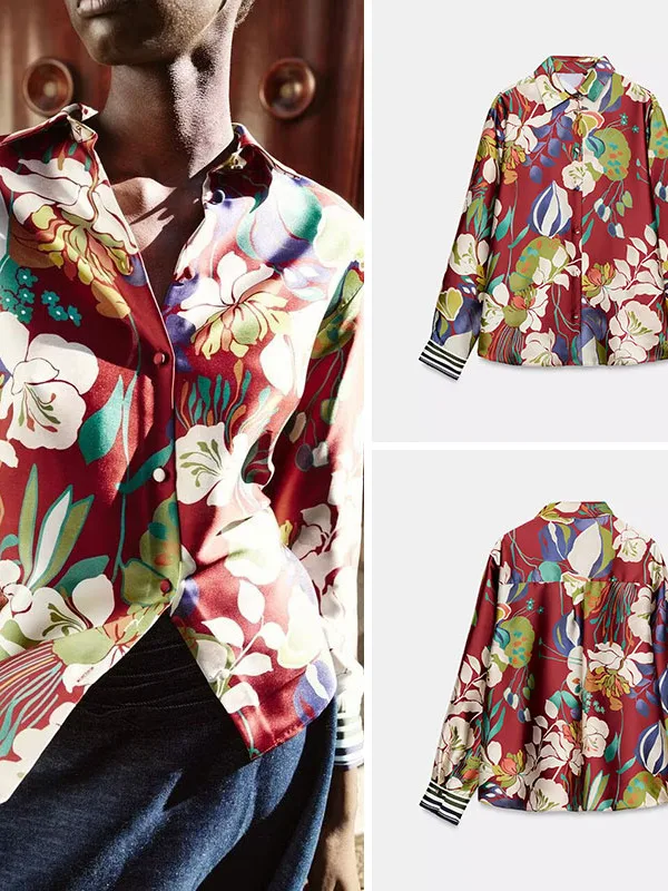 

Spring New Arrival Women's irt ZA2026 Long Sve Printed Silk Satin Collared Floral Print Ele Faionable Ladies' Top