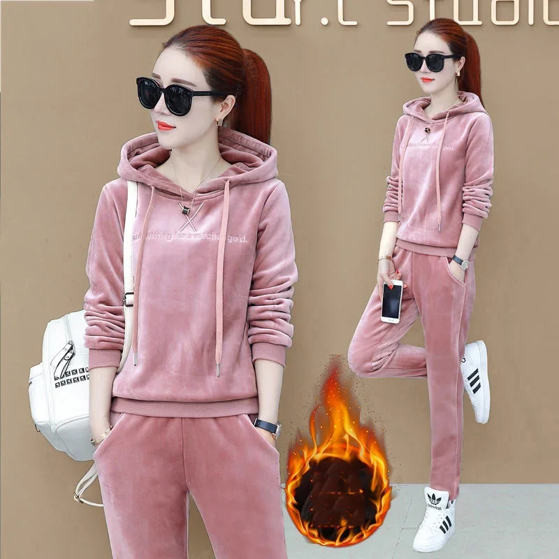 

Pink Velvet Two Piece Set Women Outfit Casual Hoodies And Sweatpants High Quality Fashion Sweatsuit Winter Thicken Tracksuit