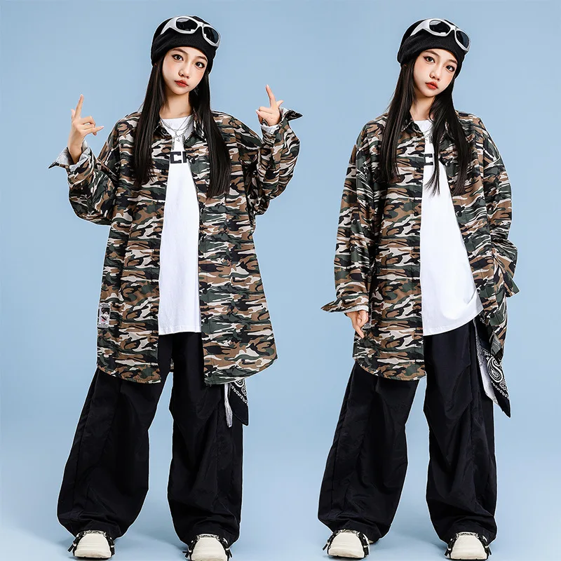 

Kid Kpop Hip Hop Clothing Camouflage Long Sleeve Shirt Top Black Casual Parachute Pants for Girl Boy Dance Wear Costumes Clothes