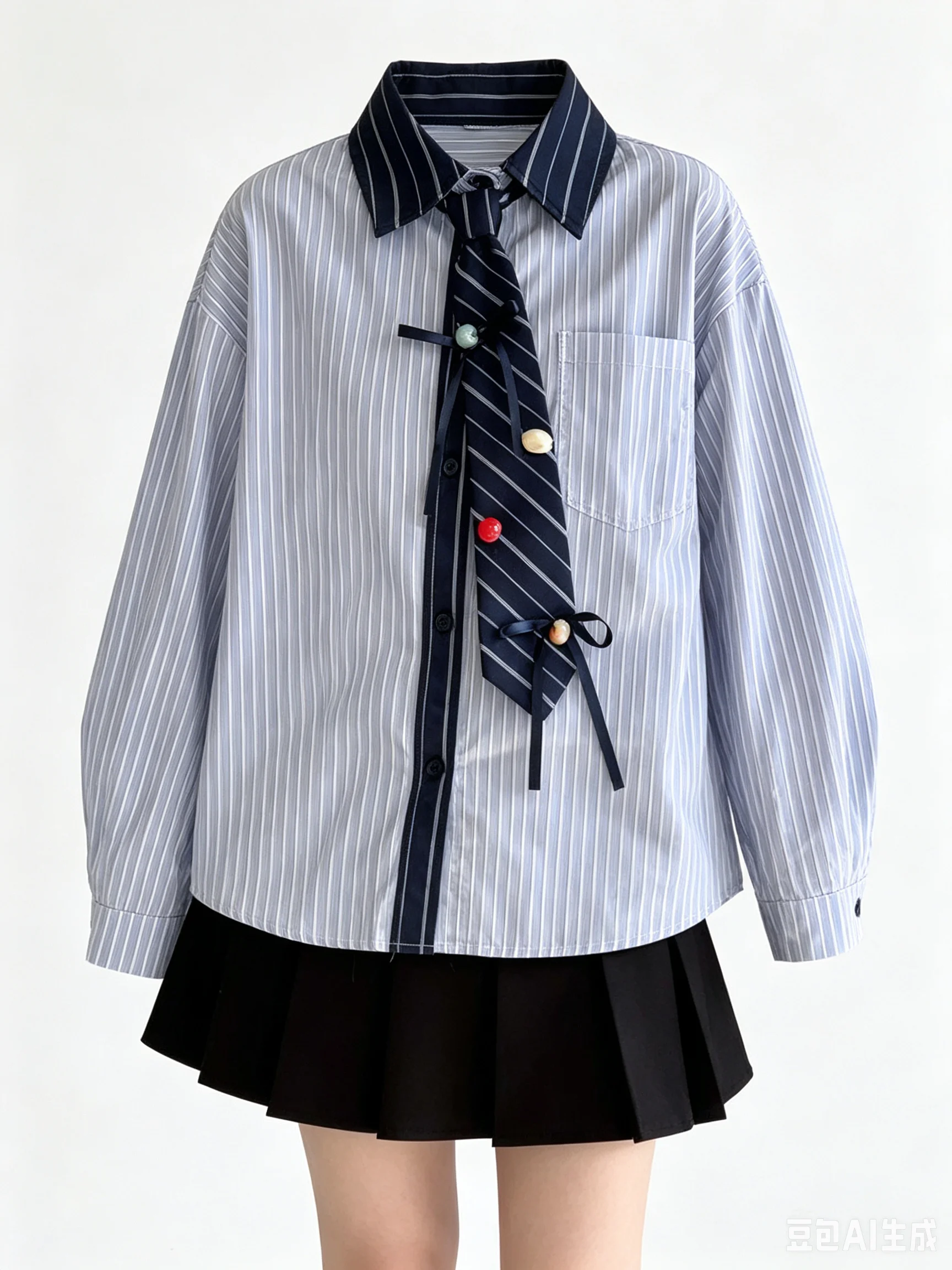 Cute Preppy JK Campus Striped Contrast Collar Shirt Detachable Bead Bow Tie Loose Long Sleeve Women Uniform Style Casual Blouse