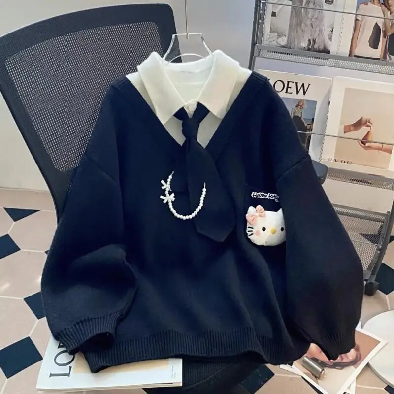 

Женский свитер Sanrio Hello Kitty из смесовой шерсти, больших размеров, осенне-зимний, стильный, модный дизайн, молодежный, свободного кроя, имитация меха