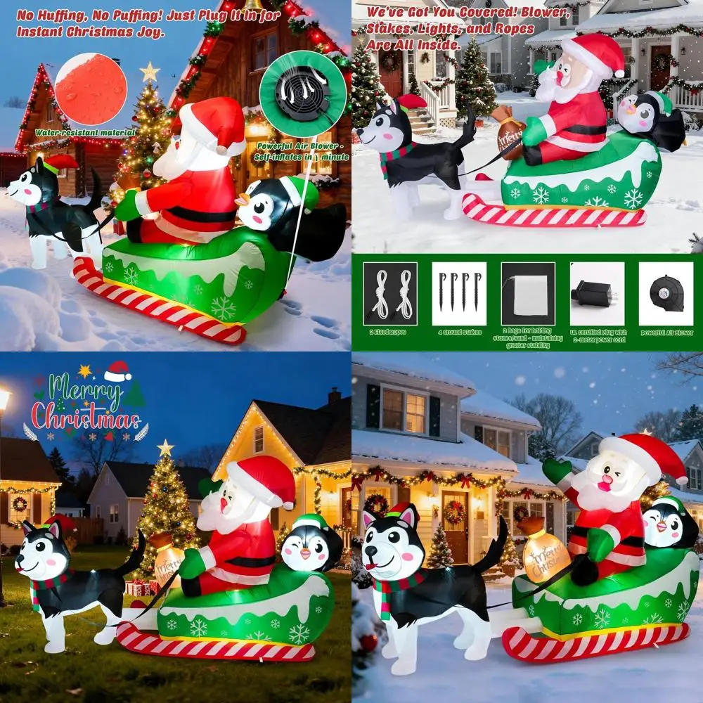 

9.5ft Tall Christmas Outdoor Inflatable with Lights: Dog, Santa Sleigh, Penguin Yard Decor