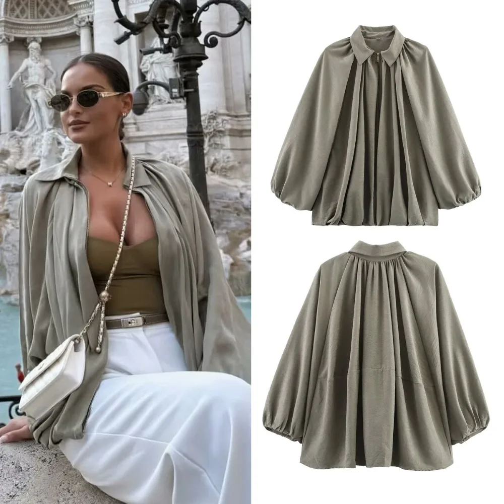 

Women's Draped Jacket Lapel Puff Long Sleeve Zipper Gray Coats Autumn Winter 2025 High Street Racing Jackets Coats Outerwears