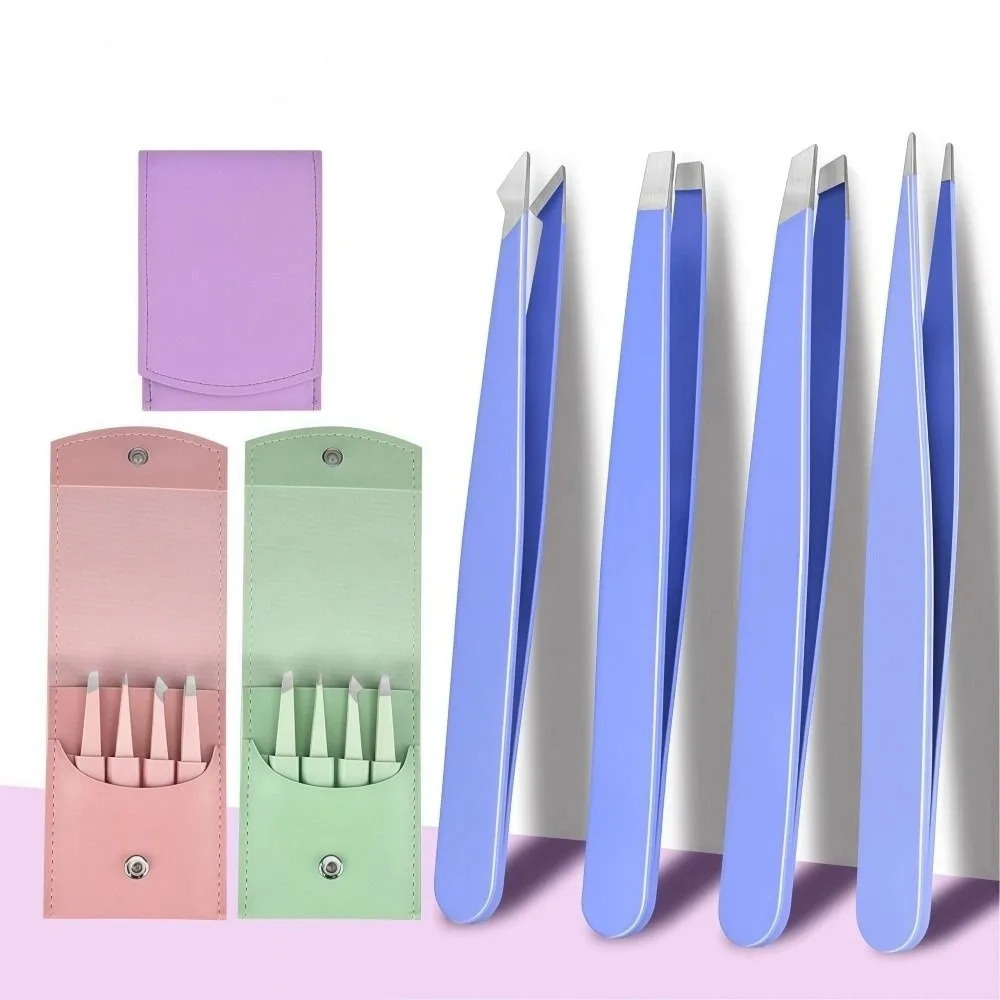 4 Pz/set Pinzette Per Sopracciglia In Acciaio Inox Set Punta A Punta Con Sacchetto di Immagazzinaggio Pinzette Per Barba Bocca Obliqua Pinzette Per Ciglia