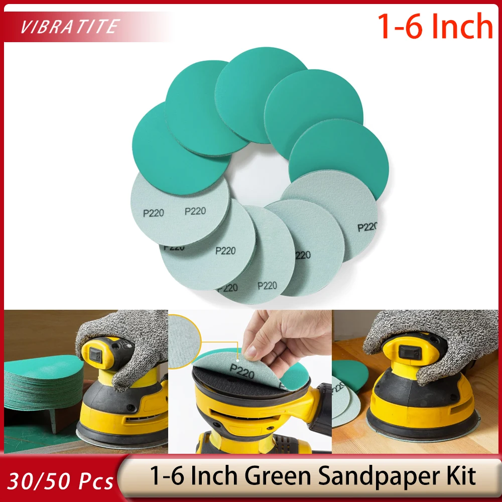 

30/50Pcs Green Sanding Discs 1-6 Inch Hook And Loop Sandpaper Film for Random Orbital Sanders