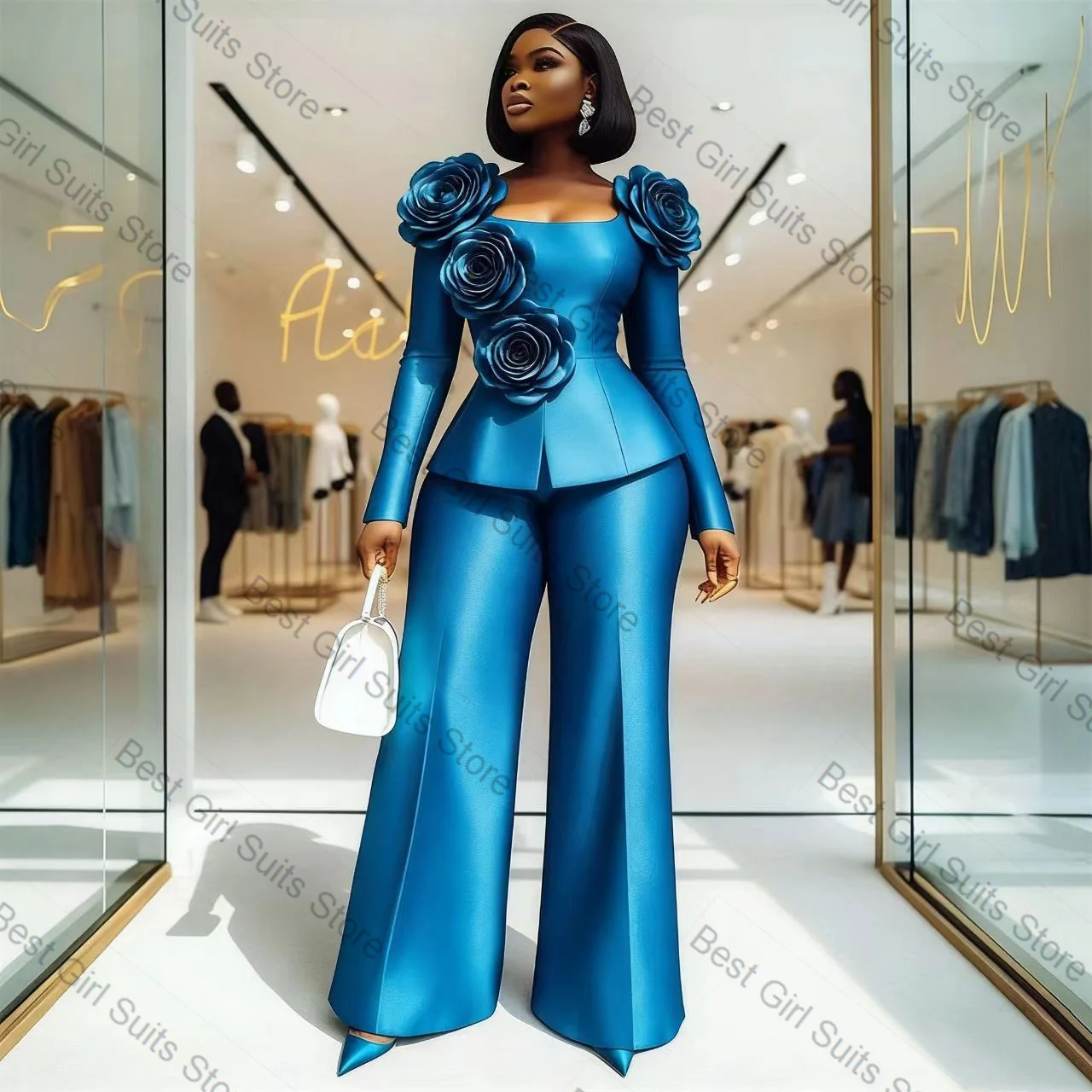 

Blue Satin Women Suit Set 2 Piece Blazer+Pants Trousers Spring 3D Flower Formal Office Lady Jacket Customized Wedding Coat