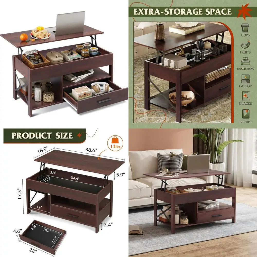 

Журнальный столик с подъемным верхом Espresso Finish 39 со скрытым хранилищем, ящиками и полкой для гостиных/ремонтажных помещений