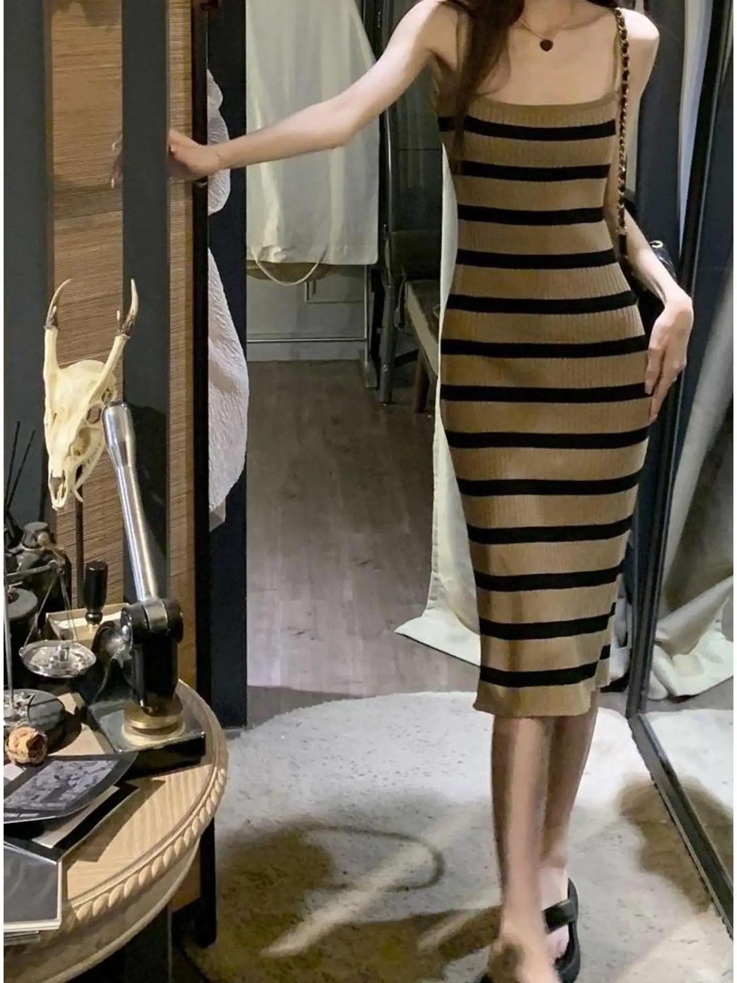 Sexy Striped Knitted Halter Dress Women's Spring 2026 New Korean Style High Waist Slim Fit Midi Length Wrap Body Skirt