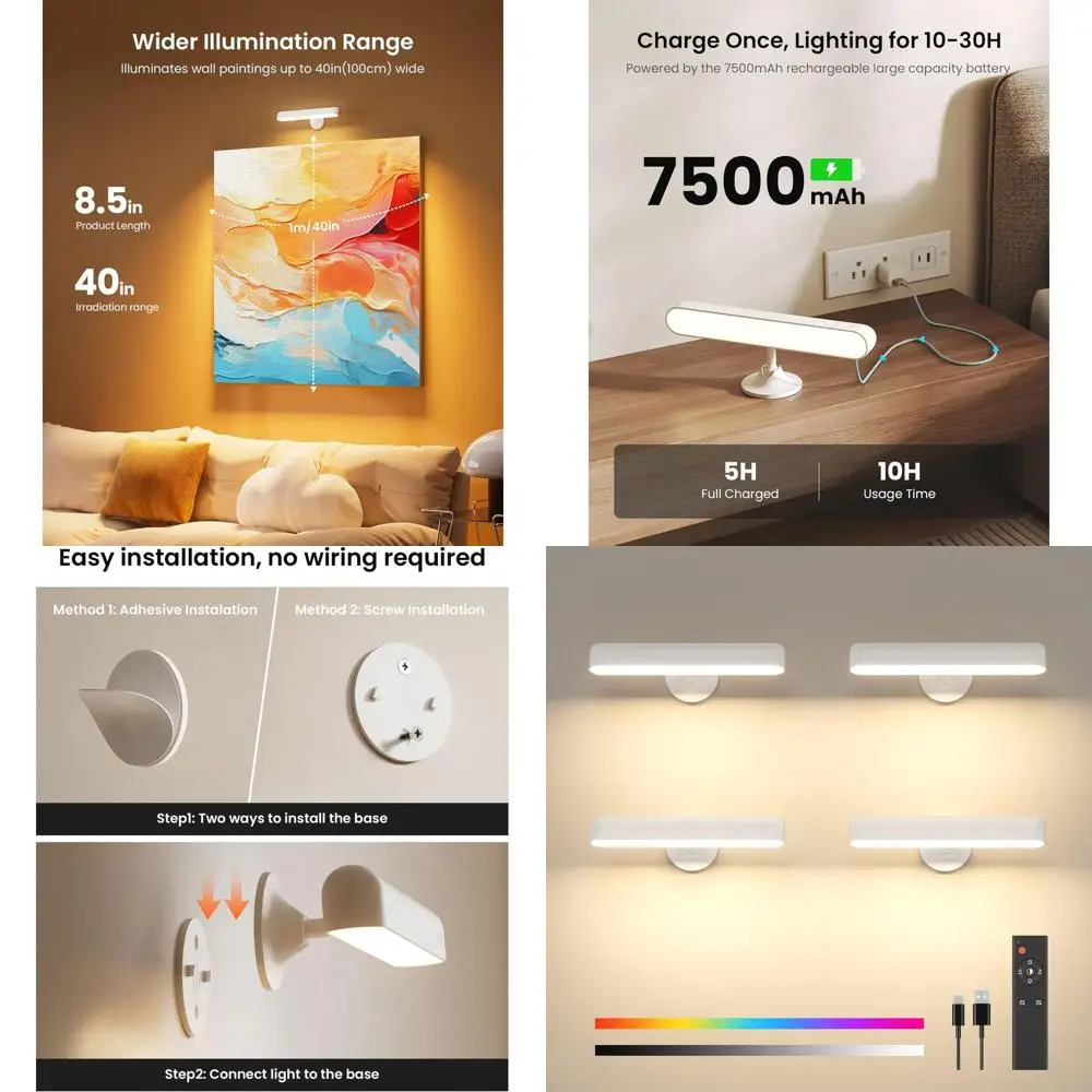 

4-Piece Rechargeable LED Wall Sconces with 7500mAh Battery, Touch & Remote Control, 360° Rotation, 3 Color Modes, 15 RGB Tones,