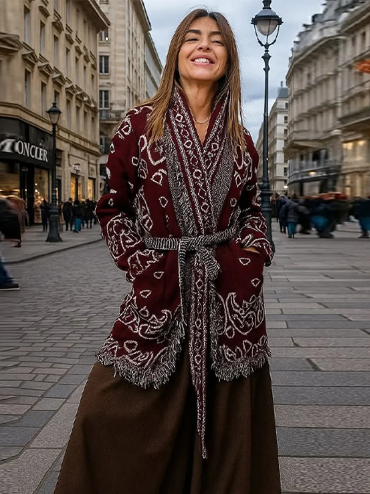 

Women Tassel Knit Cardigans Fashion V Neck Long Sleeve Belt Female Knitwear 2026 Spring Autumn Elegant Ladies New In Outerwears