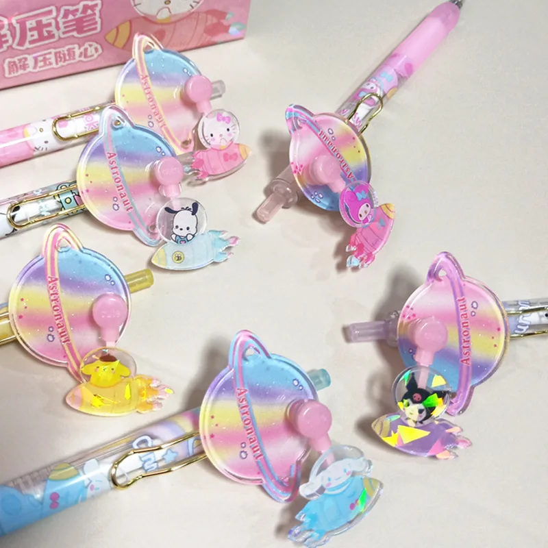 6pcs/36pcs New Sanrio Planet Spin Pen Cartoon Cute Press Neutral Pen Gel Pen Student Stationery Kids Gift