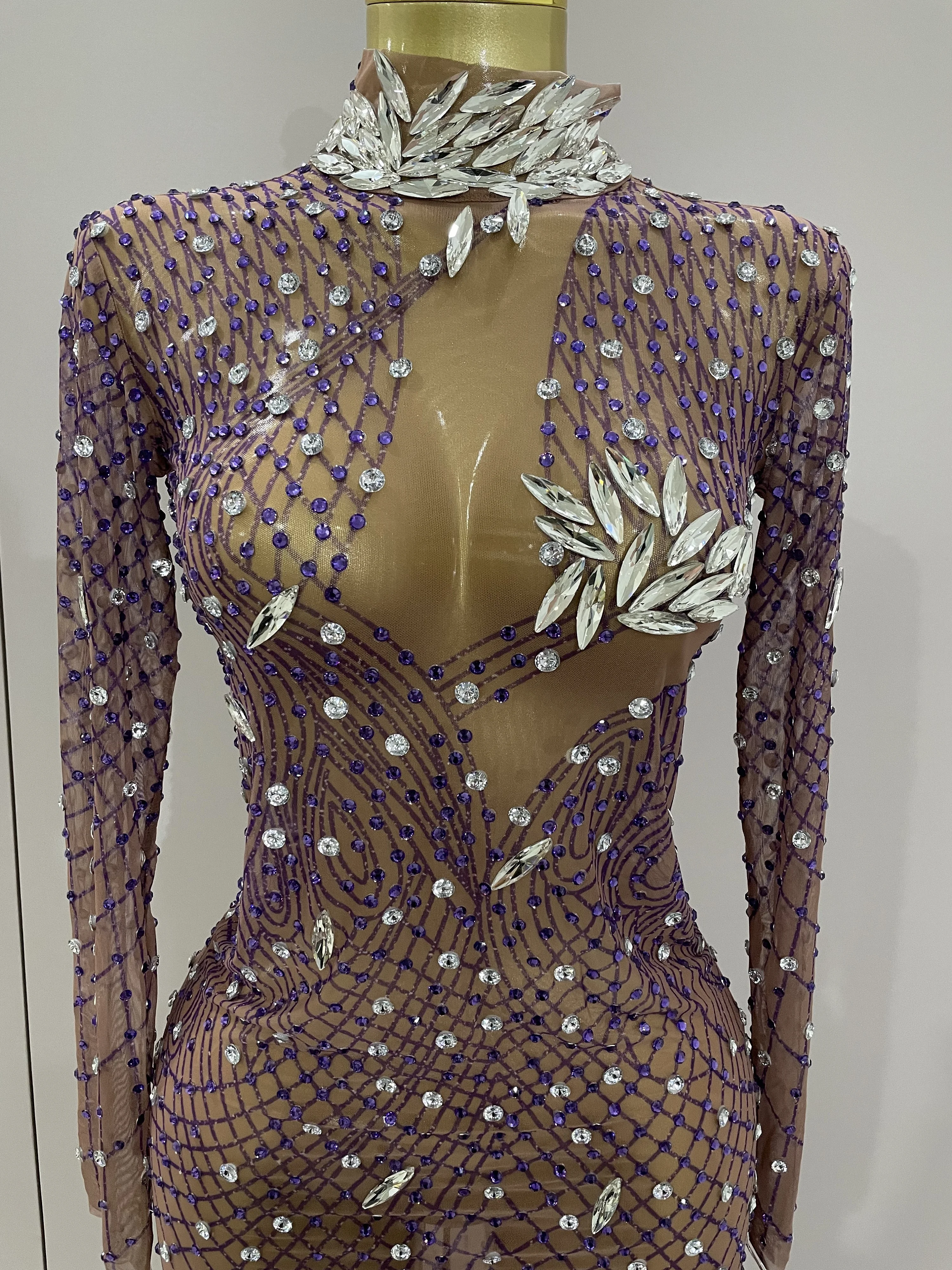 Strass brillants maille Sexy voir à travers la robe longue femmes anniversaire célébrer soirée chanteur spectacle scène porter Photo Shoot robe
