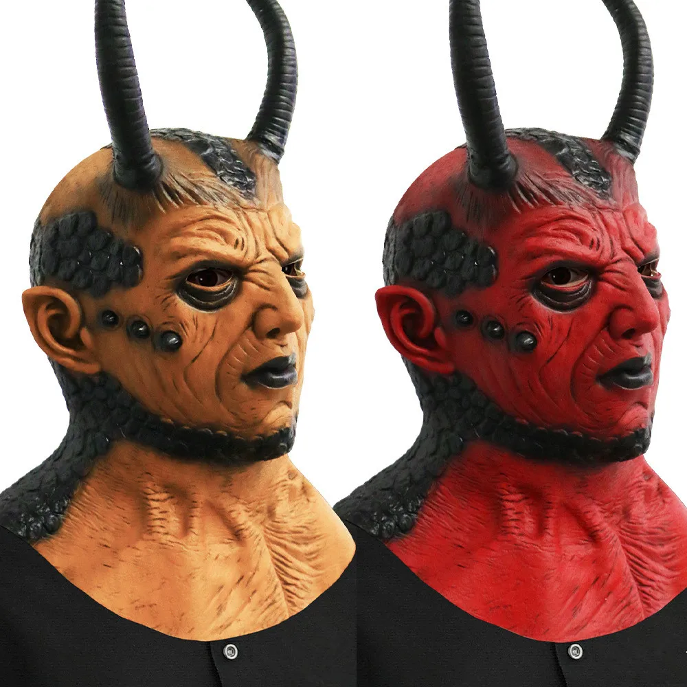 Halloween Gruselmaske mit Langen Hörnern, Realistische Teufelsmaske aus Latex – Detail 3