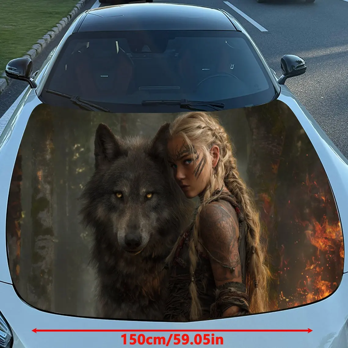 Flame Wild Wolf Princess Hunt Car Vinyl Wrap, PVC Material Waterproof Car Hood Sticker, Self-Adhesive Scratch-Resistant Stickers