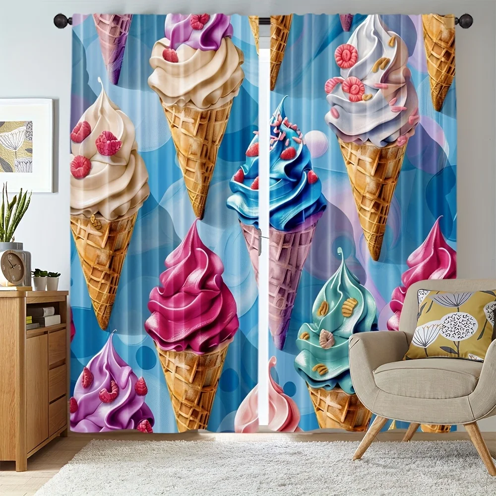 Cute Rainbow Ice Cream Cone Curtains, Creamy Dessert Bubble Pattern Drapes for Girls Room Cafe Balcony Interior Decoration