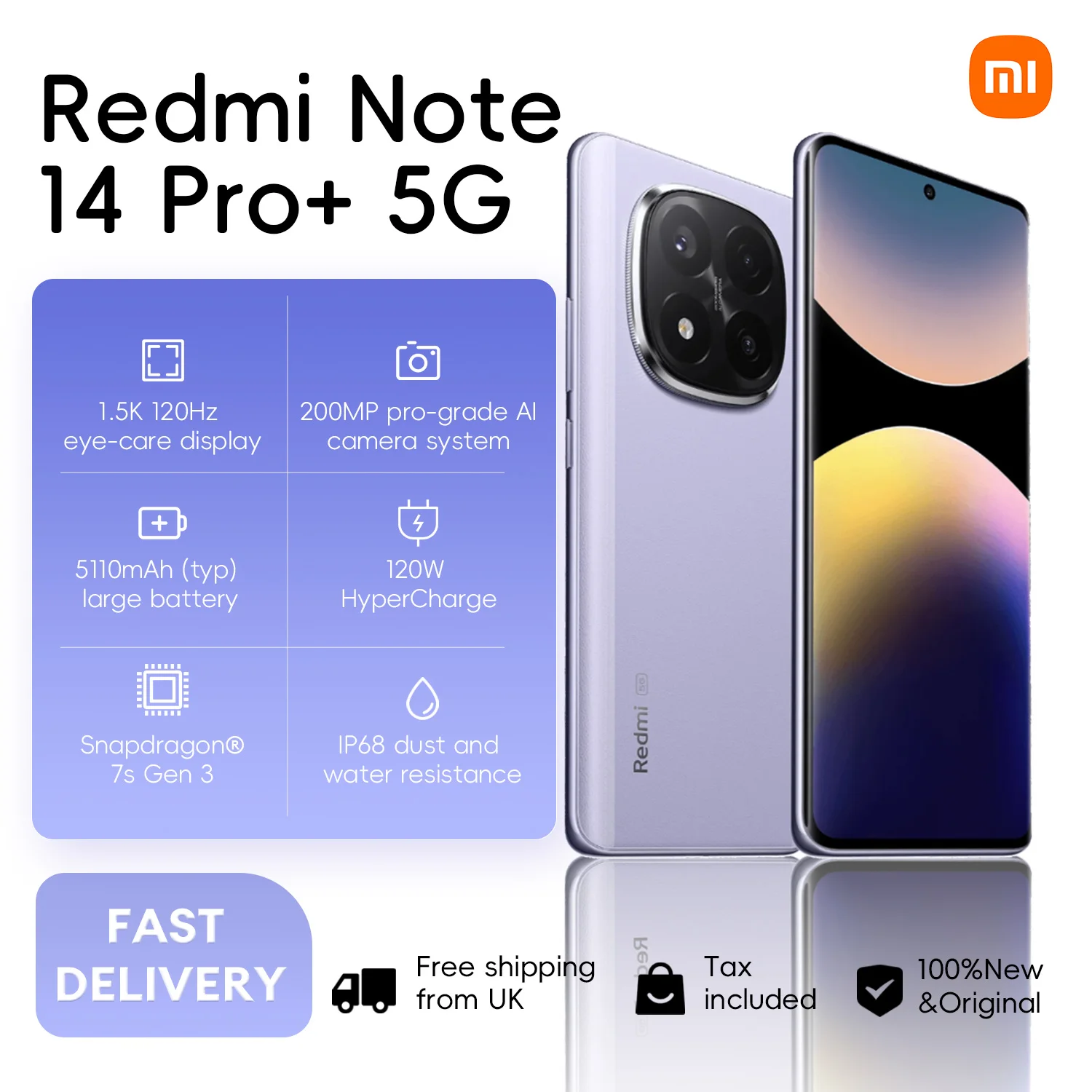 كاميرا Xiaomi Redmi Note 14 Pro + 5G 8 + 256GB 200MP Al بقدرة 5110 مللي أمبير في الساعة 120 وات شحن Snapdragon 7s Gen3 120 هرتز 6.67 بوصة شاشة AMOLED IP68 NFC