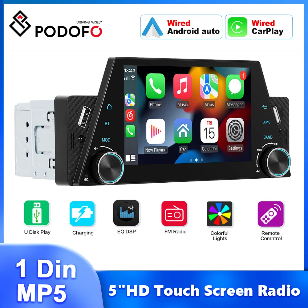 Podofo Wired Carplay 1Din MP5 Player Wired Android Auto 5inch MP5 Player Mirror Link EQ Music Audio Bluetooth USB&Type-C Port