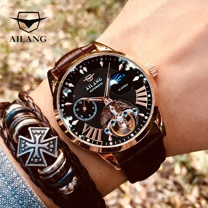 AILANG Quality Tourbillon Men's Watch Men Moon Phase Automatic Montre  Watches Mechanical Transparent SteampunkClock