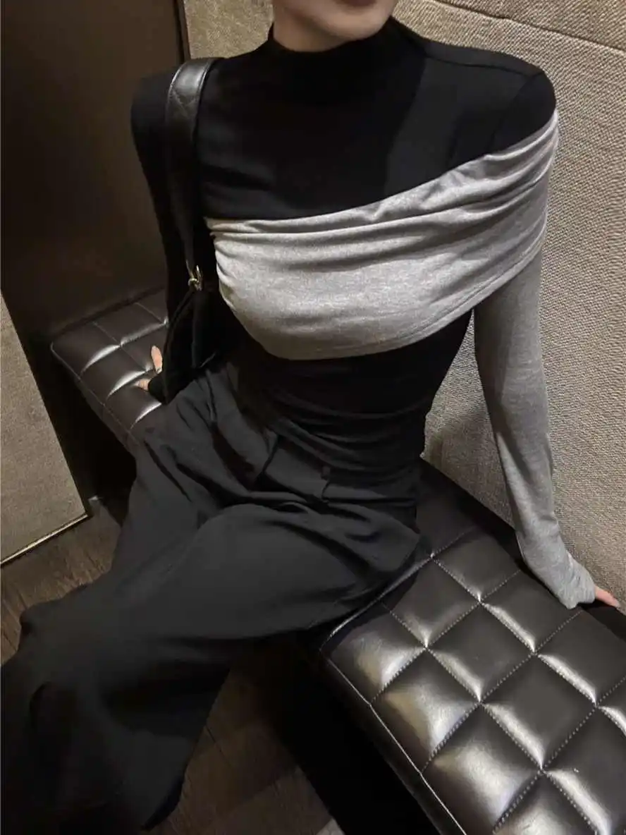 Fall Winter Women French Vintage T-Shirts Old Money Tees Contrast Color Long Sleeve Tops 2000s Aesthetic Design Turtleneck Tide