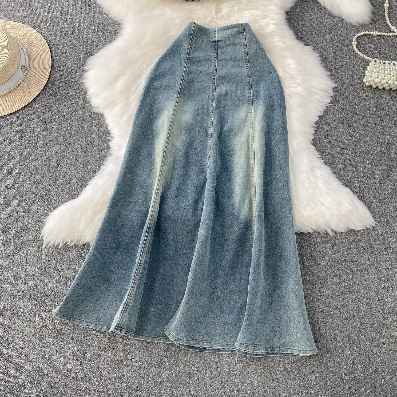 Denim Skirt Suit Women 2 Piece Sets Crop Top Long Skirts A Line Strapless Ruffle Tube Top Long Maxi Jean Skirt Matching Set Y2K - view 5