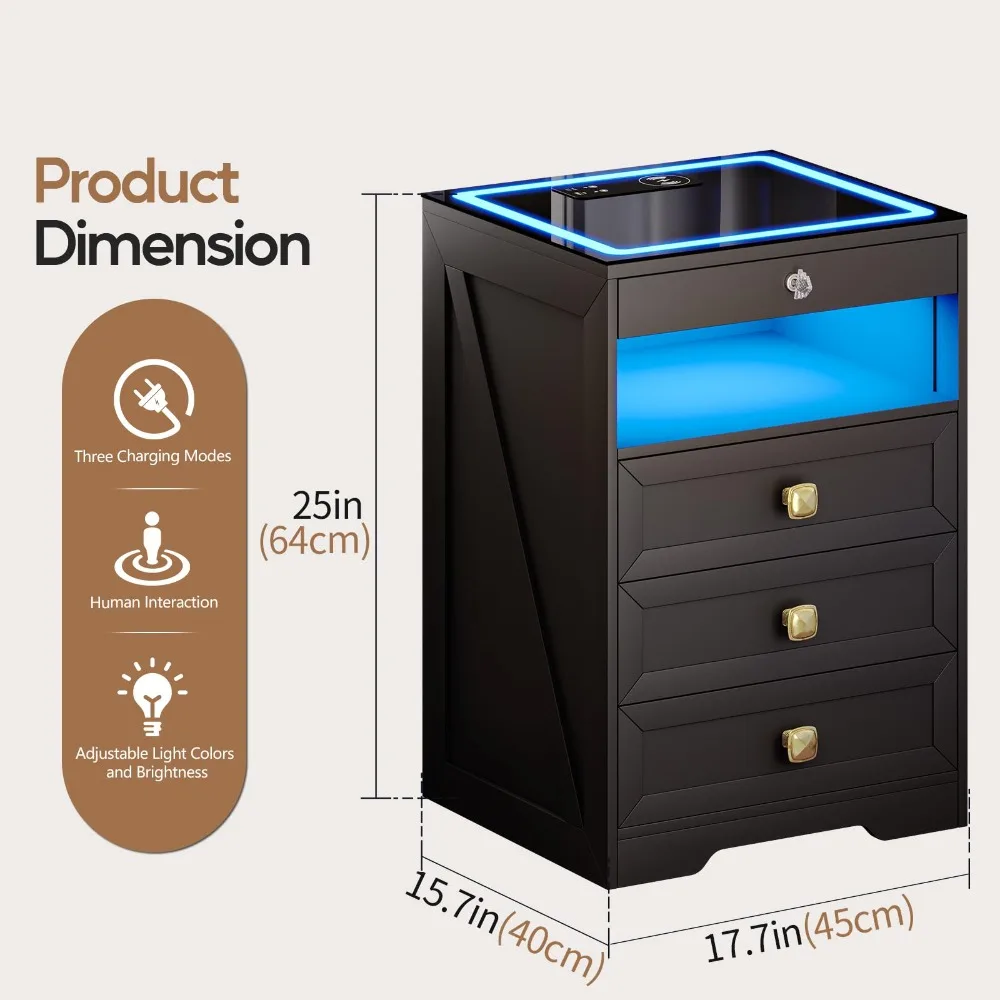 Smart LED Nightstand with Lockable Gun Drawer & Glass Top（Black）
