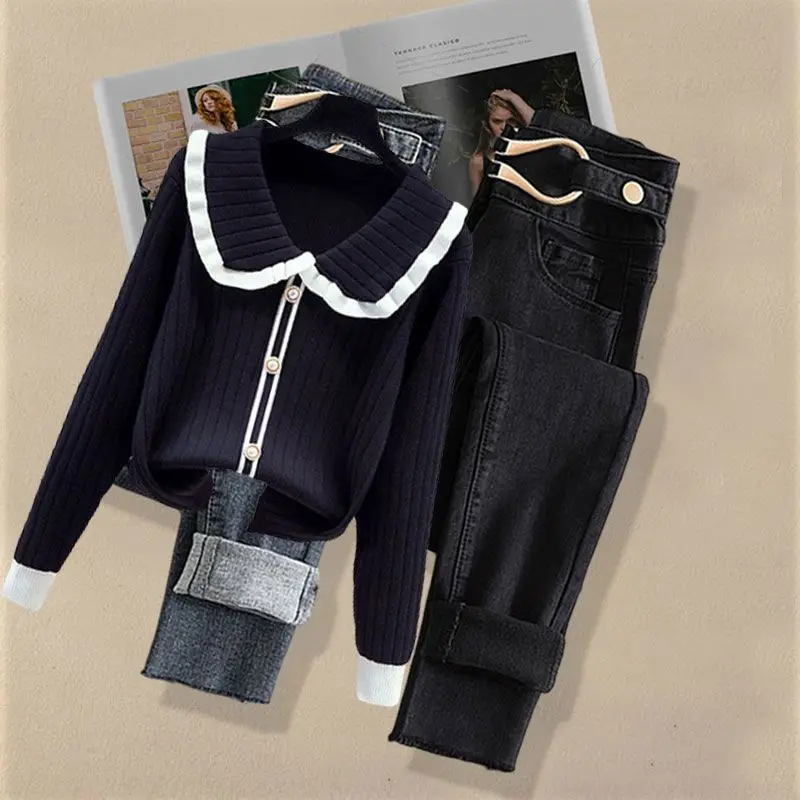 Women\'s 2024 Spring Autumn New Doll Neck Knitted Sweater High Waist Jeans Two Piece Suit Korean Elegant Denim Pants Matching Set