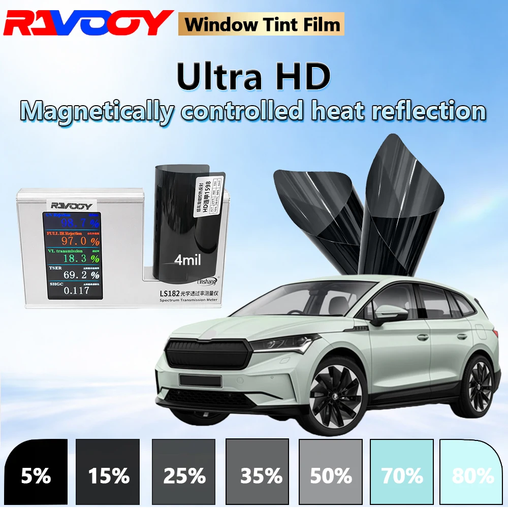 

Пленка для автомобильных стекол RAVOOY HD1598 Series Ultra HD, магнетронная, 4mil, взрывозащищенная, 7.4% VLT, высокая теплоотражающая способность, 152CMX30M