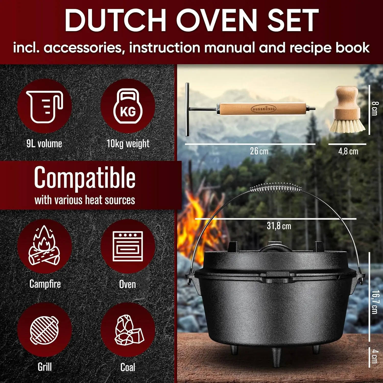 Pre-Seasoned Dutch Oven Set - 9 Quart Cast Iron Dutch Oven Pot with Lid, Fire Pot with Feet for Bread Baking & Cooking - Include