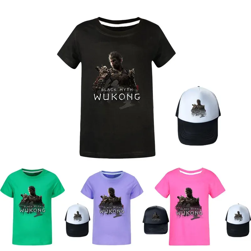 111 www Game Black Myth Wukong طباعة زي أطفال بنين وبنات على مهل تي شيرت + قبعة موضة عيد ميلاد مهرجان هدية لـ Ch #2