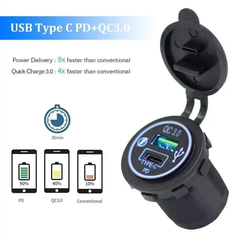 12V 24V Ônibus universal USB A QC 3.0 18W Tipo C PD 30W Soquete de carregador de carro rápido