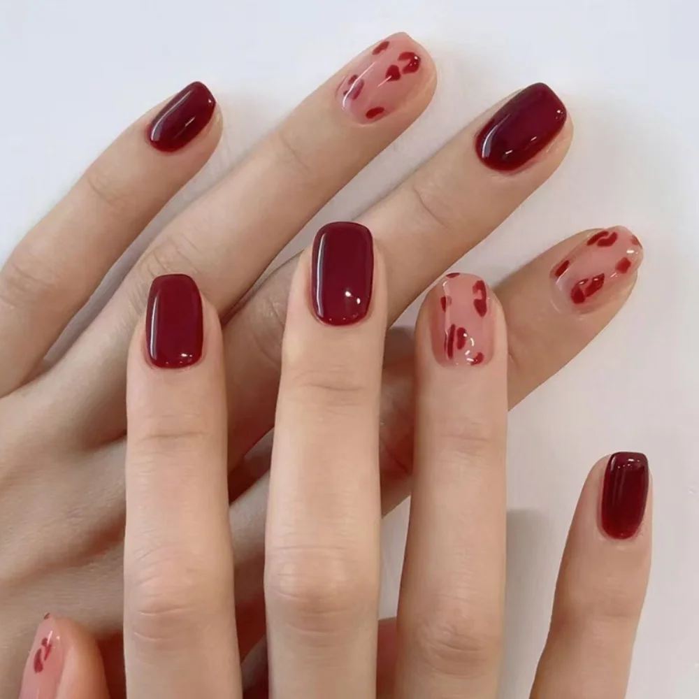 

24pcs Simple Leopard Print Square Fake Nail Tips Red Design Full Cover False Nails Datachable Short Ballet Press on Nails Sets