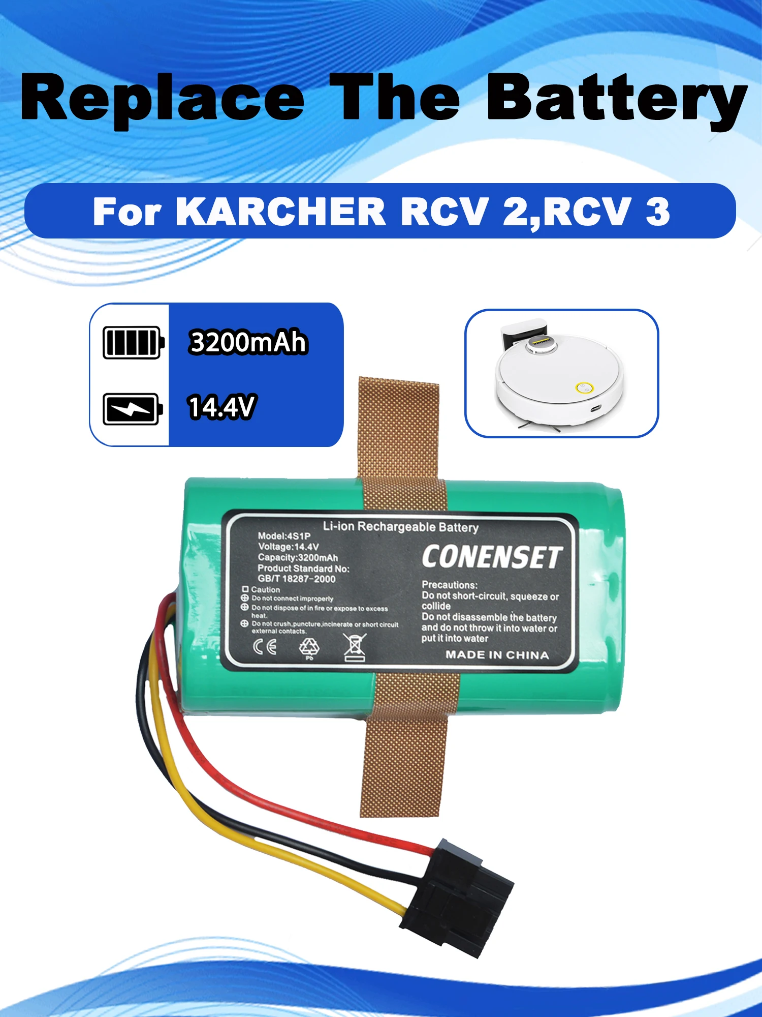 14.4V 3200mAh Replacement Battery For  KARCHER RCV2 RCV3 Robot Vacuum Cleaner Accessories Parts P/N: 9.778-214.0