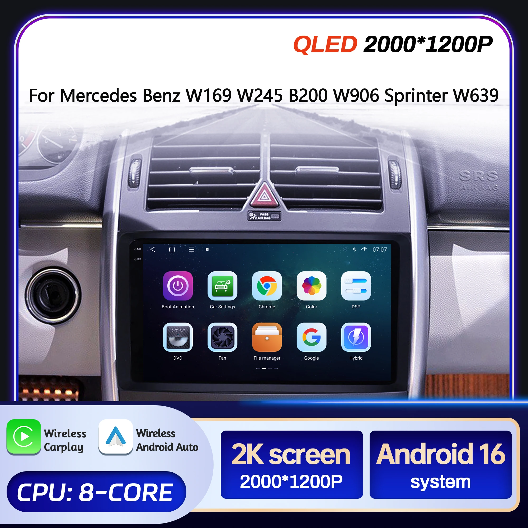 

9-дюймовый автомобильный радиоприемник для Mercedes Benz W169 W245 B200 W906 Sprinter W639 BT Carplay Android 16 Мультимедийная навигация 2K QLED экран