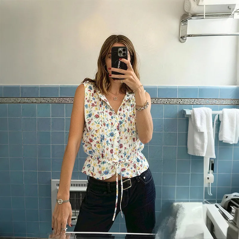 Withered 2026 Summer Colorful Small Floral Sleeveless Drawstring Waist Knot Round Neck Top
